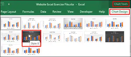 Select Chart Style from Chart Tools Tab
