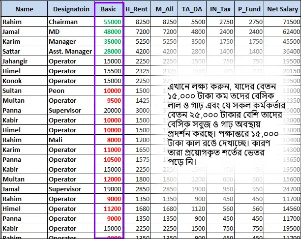এক্সেল কন্ডিশনাল ফরম্যাটিং এর ব্যবহার