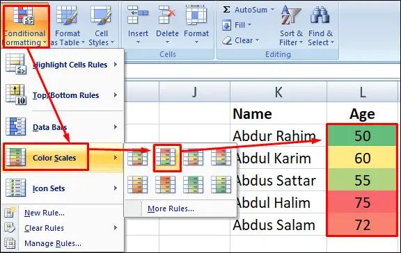 কন্ডিশনাল ফরম্যাটিং এর Color Scales অপশনের ব্যবহার