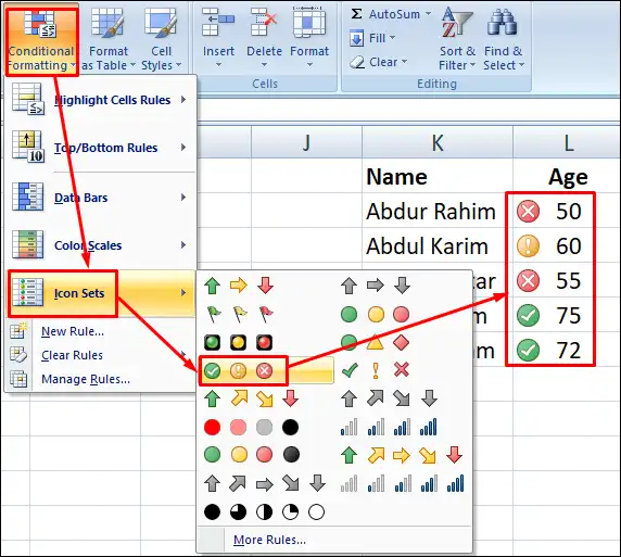 কন্ডিশনাল ফরম্যাটিং এর Icon sets অপশনের ব্যবহার