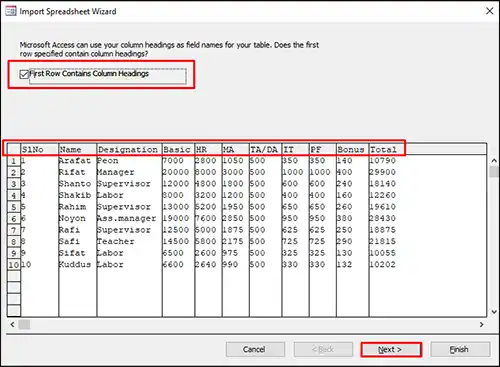 Import Spreadsheet Wizard হতে কলাম হেডিং সিলেক্ট করা