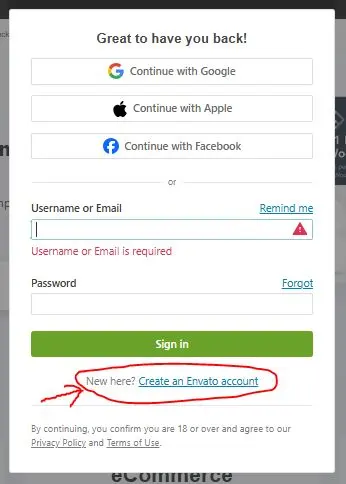 Frist Sing Up Page For Login In Themeforest And Create A New Account