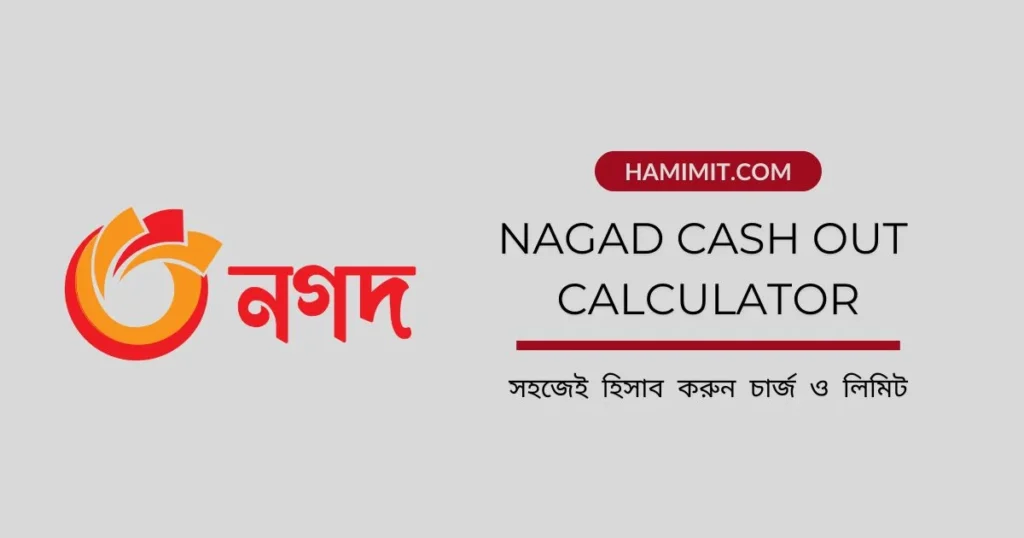 নগদ লোগো এবং "নগদ ক্যাশ আউট ক্যালকুলেটর: সহজেই হিসাব করুন চার্জ ও লিমিট" লেখা সম্বলিত ছবি। Nagad Cash Out Calculator: সহজেই হিসাব করুন চার্জ ও লিমিট