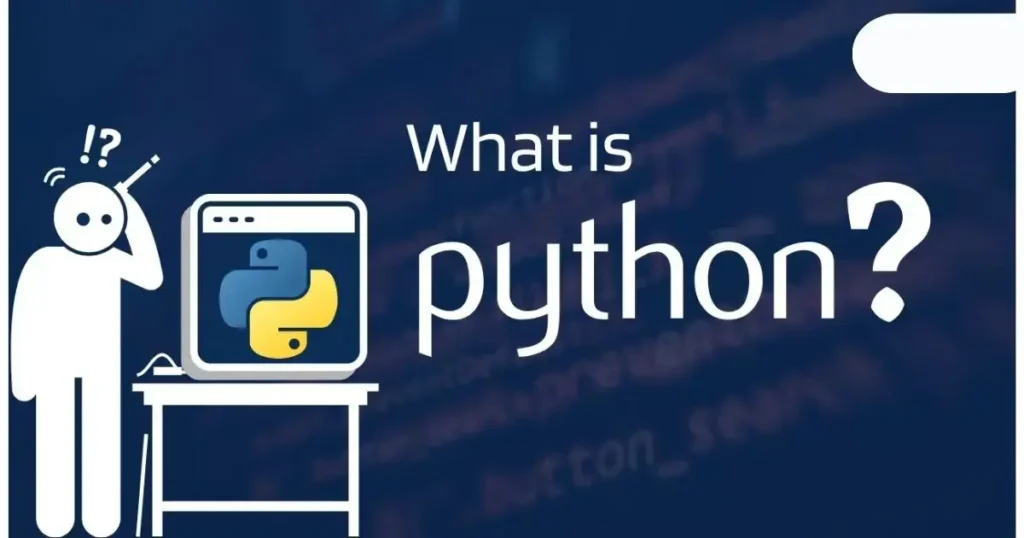 পাইথন কি: Cartoon figure pondering "What is Python?" with Python logo on screen.