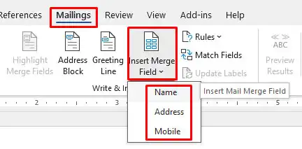 insert merge field for mail merge