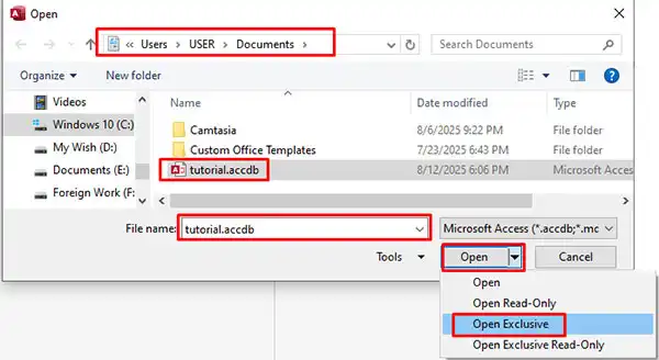 open access database in exclusive mode