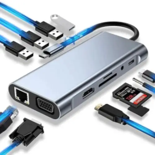 Aluminum 11-in-1 USB C hub with 4K HDMI, VGA, RJ45 Ethernet, and multiple USB 3.0 ports for laptop connectivity.