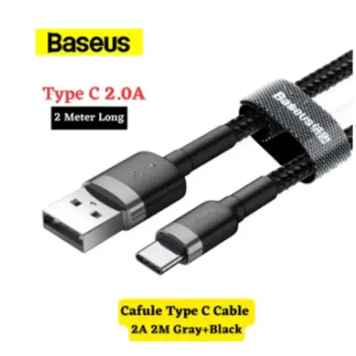 Baseus Cafule 2 Meter USB-A to Type C cable with grey and black nylon braided cord, supporting 2A and QC 3.0 fast charging.