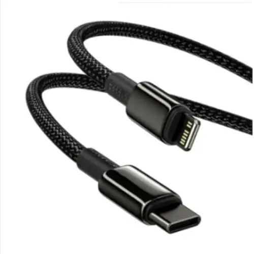 Baseus USB-C to Lightning Cable 1 Meter, 20W Power Delivery (PD) fast charging for iPhone 12, iPhone 11 series, featuring a durable nylon braided black cable.