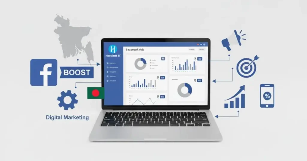 Graphic for the best Facebook boost service in Bangladesh, showing a laptop with an ads dashboard, the Bangladesh map, and digital marketing icons.