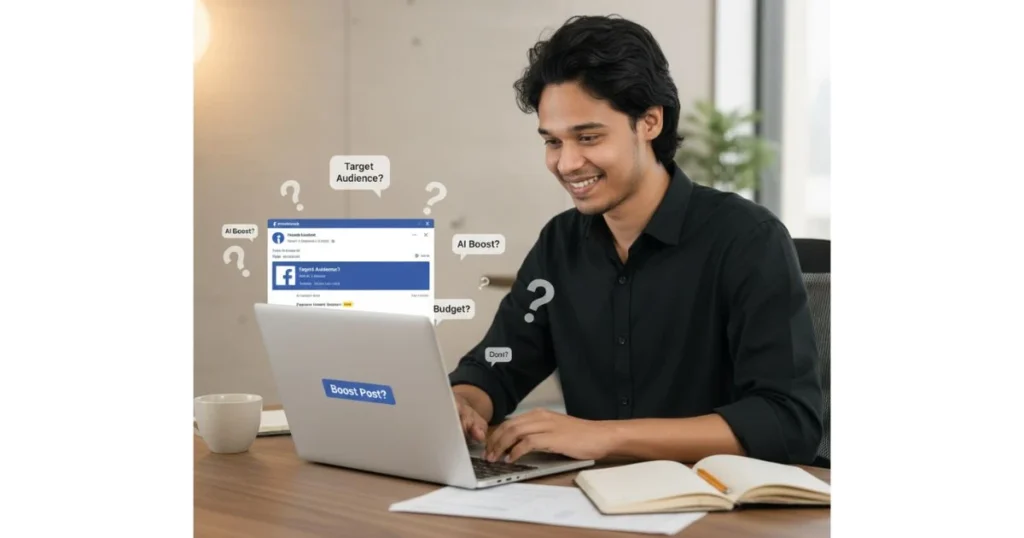 A smiling digital marketer looking at a laptop with pop-up questions like "Target Audience?" and "Budget?" about Facebook boosting, illustrating common questions before a post boost. Best Facebook Boost Service in Tangail