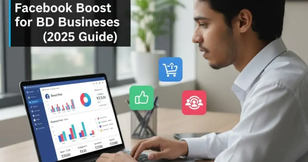 Digital marketing expert Nahid Hasan Mim analyzing the Facebook Boost dashboard on a laptop for BD businesses in the 2025 guide.