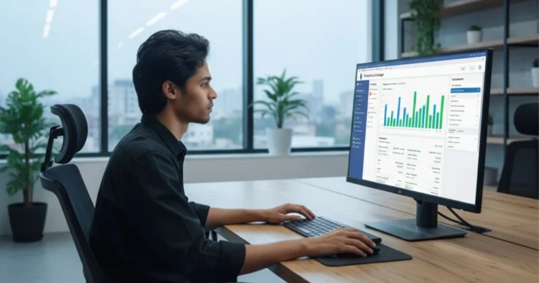 A young man (Nahid Hasan Mim) looking at a computer monitor displaying a Facebook marketing analytics dashboard, representing a Facebook Boost Service for business growth in Tangail.