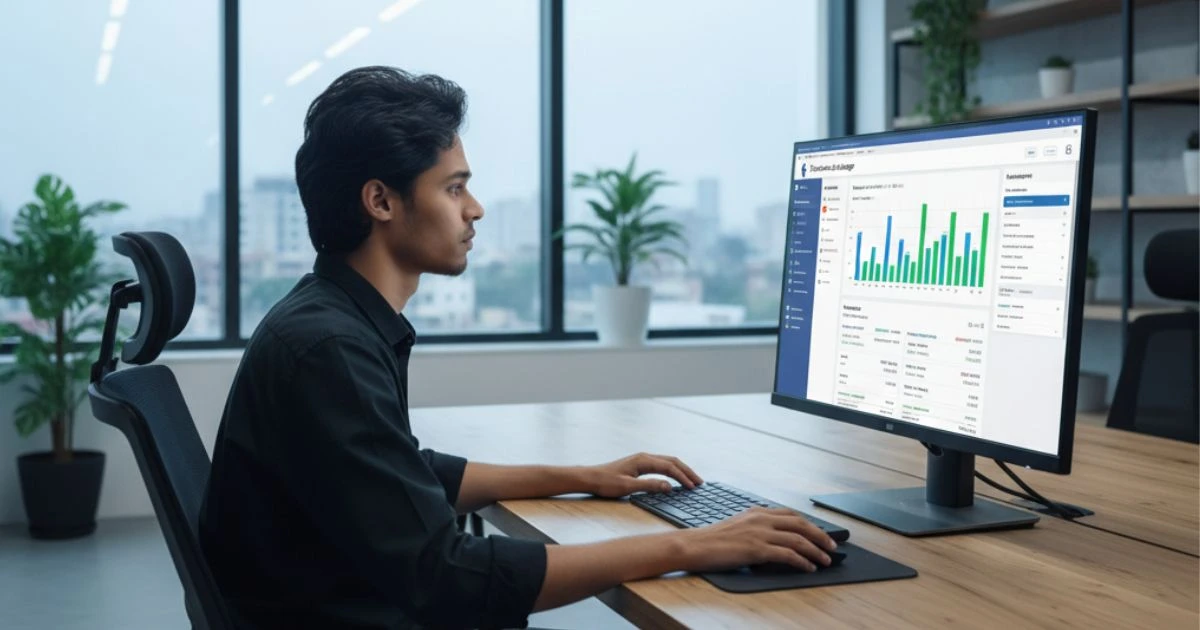 A young man (Nahid Hasan Mim) looking at a computer monitor displaying a Facebook marketing analytics dashboard, representing a Facebook Boost Service for business growth in Tangail.