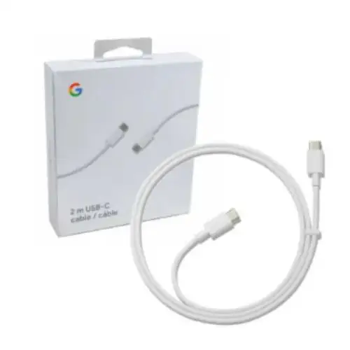 White Google Pixel $30\text{W}$ USB-C power adapter and coiled $2\text{m}$ fast charging cable, shown next to its packaging box.