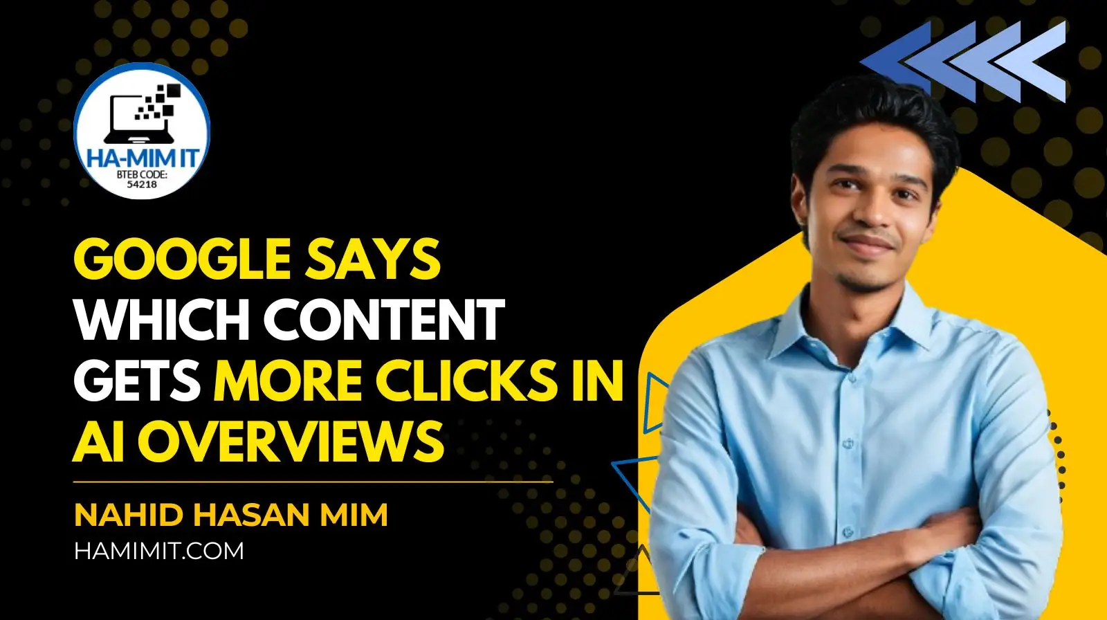 YouTube thumbnail featuring Nahid Hasan Mim discussing "Which content gets more clicks in AI Overviews," with a black and yellow digital background.
