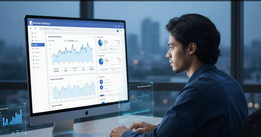 A man (Nahid Hasan Mim) analyzing digital marketing performance data on a computer screen displaying the Facebook Ads Manager dashboard, illustrating the right way to track performance.