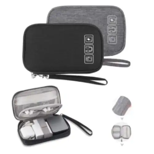Two portable black and gray electronics travel organizer bags, with one open to show a power bank, charger, and cables inside.