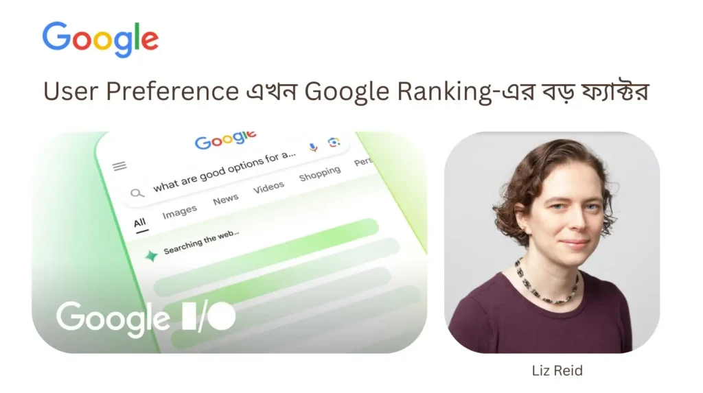 Google I/O slide featuring Liz Reid discussing "User Preference" as a major Google Ranking factor, with a search interface graphic.