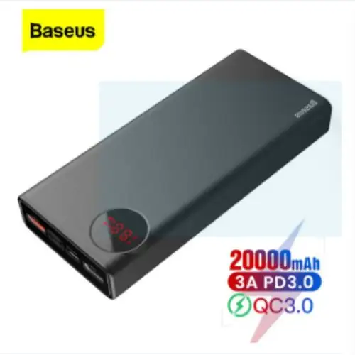 Baseus Adaman 20000 mAh metal power bank with digital display, supporting 22.5W Quick Charge and PD 3.0 fast charging.