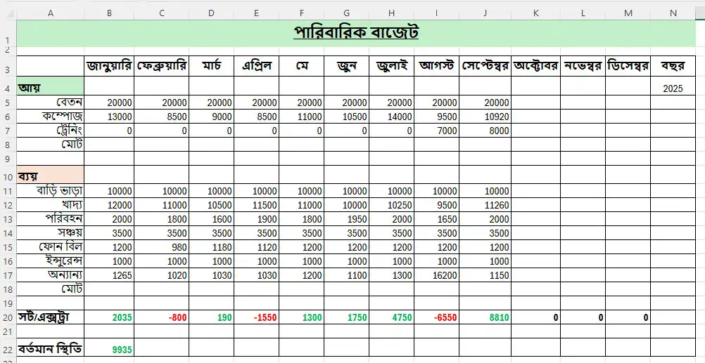 এক্সেল দিয়ে বাজেট তৈরি
