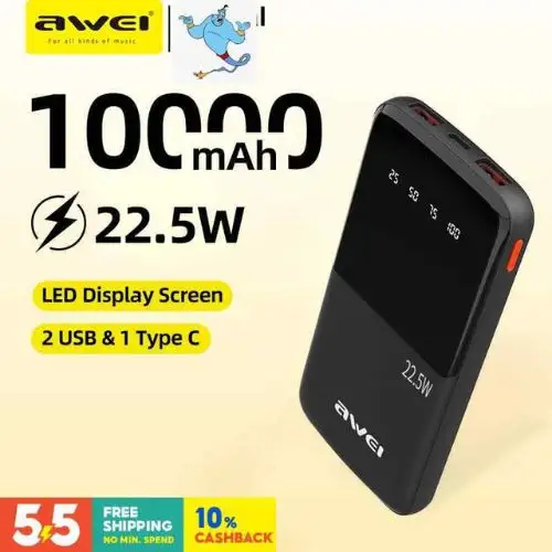 Black Awei P10K 10000mAh power bank with 22.5W fast charging, LED display, 2 USB ports, and 1 Type-C port.