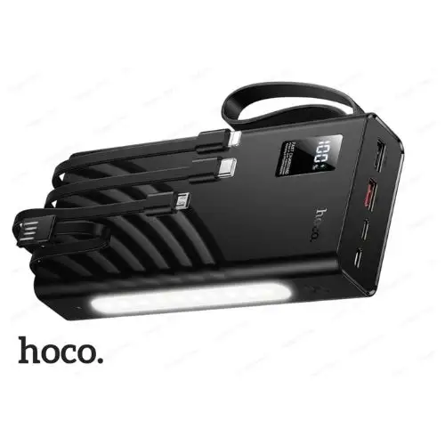 Black HOCO J155 20000mAh power bank with a 22.5W output, featuring an LED display, built-in cables, and a flashlight.