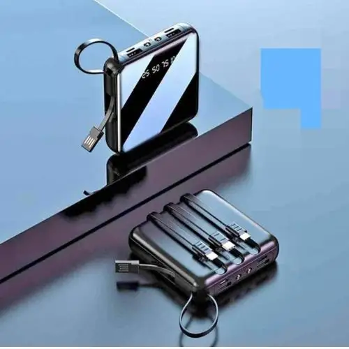 Transparent 20000mAh fast charging PD power bank with a reflective surface, built-in cables, and a digital display showing battery percentage.