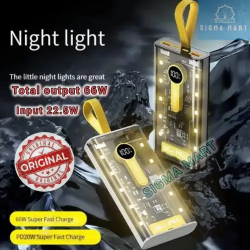Transparent 20000mAh smart power bank with 66W output and 22.5W input, featuring an illuminated circuit and night light function.