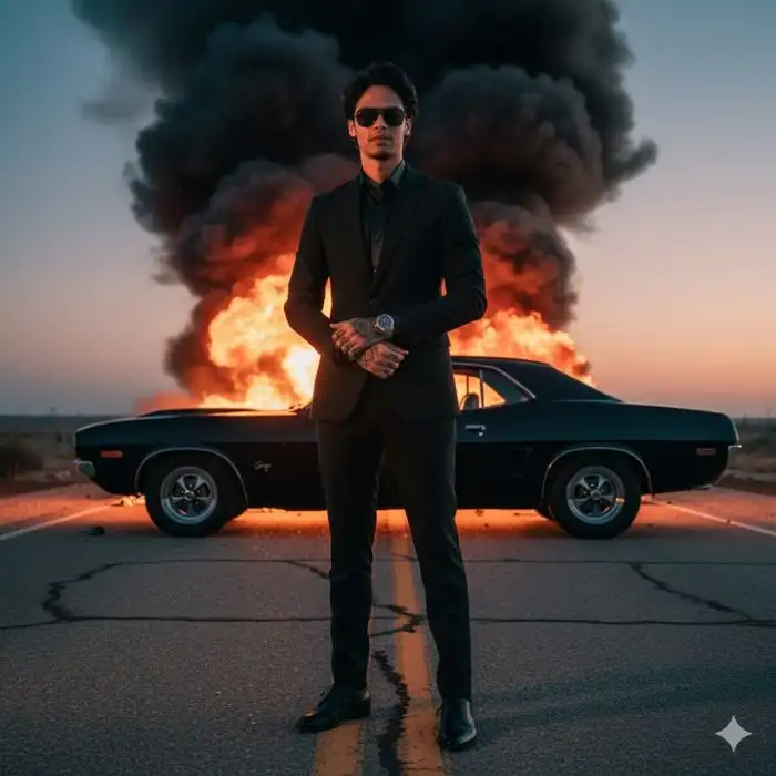 Full-body cinematic photo of Nahid Hasan Mim in a black suit standing in front of a burning black muscle car at sunset on a desert road, generated via Gemini AI prompt.
