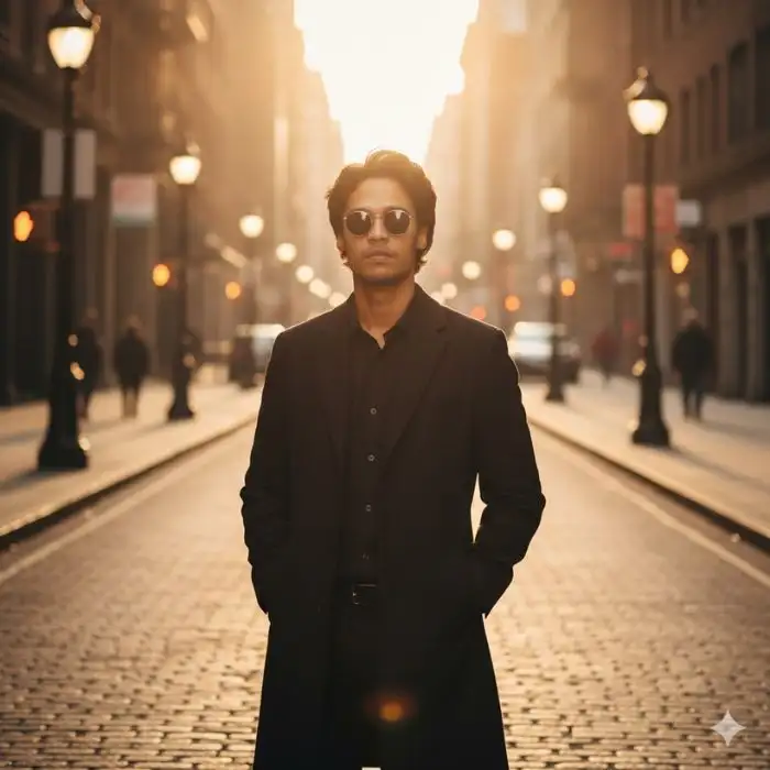 Cinematic photo of a man, Nahid Hasan Mim, wearing a black trench coat and sunglasses, standing on a city street at golden hour with the sun setting behind him.