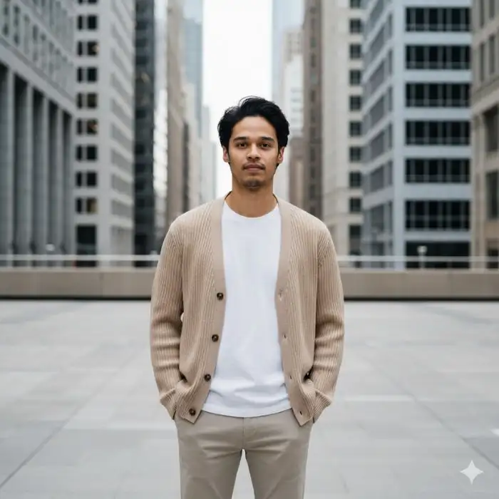 Cinematic photo of a casually dressed man, Nahid Hasan Mim, wearing a beige cardigan and white t-shirt, standing on a plaza surrounded by tall urban skyscrapers.