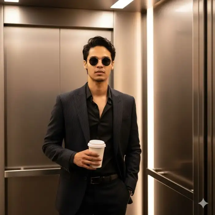 Cinematic shot of a man, Nahid Hasan Mim, wearing a pinstripe suit and sunglasses, holding a coffee cup inside a modern, metallic elevator with vertical strip lighting.  Gemini Cinematic Prompts for Men