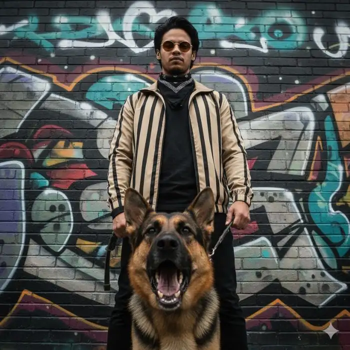 Cinematic shot of a man, Nahid Hasan Mim, wearing a striped jacket and sunglasses, standing dominantly over a German Shepherd in front of a colorful graffiti brick wall.