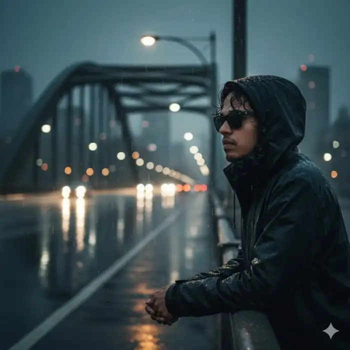Moody cinematic shot of a man, Nahid Hasan Mim, wearing a dark hooded raincoat and sunglasses, contemplating on a rainy city bridge at night with blurred car lights.
