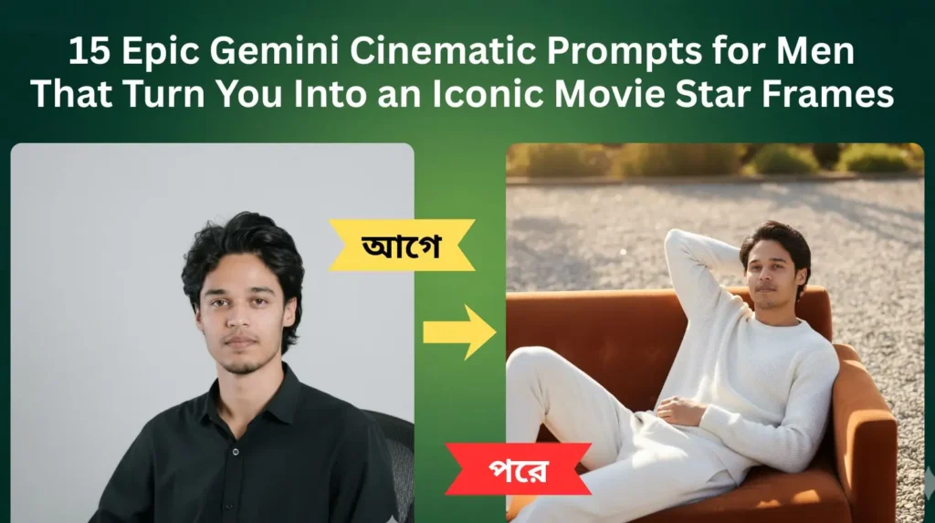 Before and after comparison of a man, Nahid Hasan Mim, being transformed by Gemini AI into a cinematic movie star frame, highlighting the epic visual change.