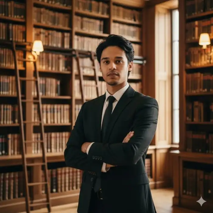 Cinematic portrait of a man, Nahid Hasan Mim, wearing a sharp black suit and tie, standing with his arms crossed inside a grand, traditional library with towering wooden bookshelves.