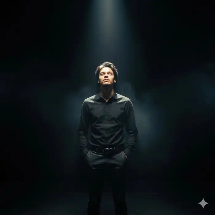 AI-generated cinematic hero shot of a man, Nahid Hasan Mim, standing in a dark, foggy room with a dramatic spotlight overhead, looking determined, wearing a black shirt.