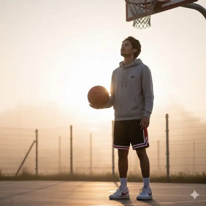 Cinematic photo of a man, Nahid Hasan Mim, holding a basketball on a foggy court at sunrise, looking up at the hoop, wearing a grey hoodie and shorts.