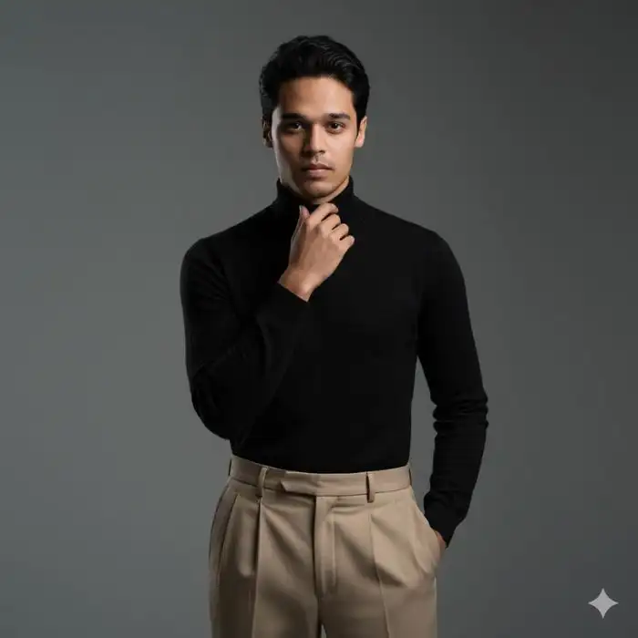 Minimalist cinematic studio portrait of a man, Nahid Hasan Mim, wearing a black turtleneck and beige pleated trousers, posing in front of a neutral grey background.