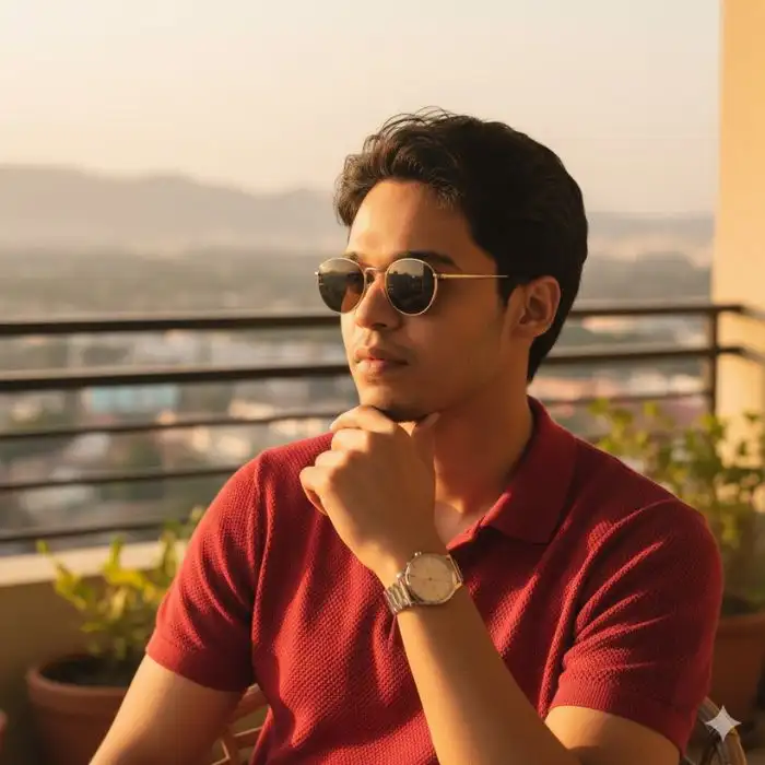 Cinematic close-up portrait of a man, Nahid Hasan Mim, wearing a red polo shirt and sunglasses, sitting on a terrace during golden hour with a cityscape background.
