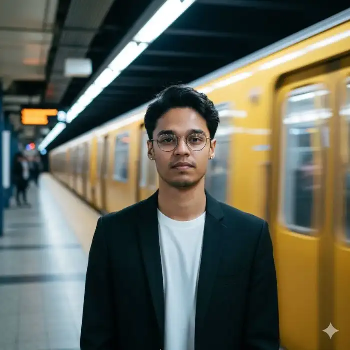 Cinematic portrait of a man, Nahid Hasan Mim, wearing glasses and a suit jacket, standing on a subway platform with a yellow train blurring in motion behind him.