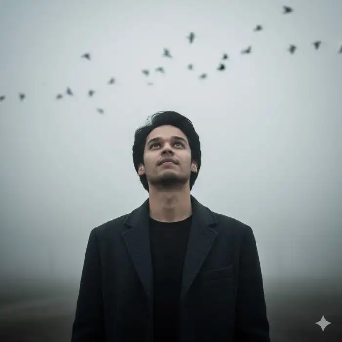 Cinematic medium shot of a man, Nahid Hasan Mim, wearing a dark overcoat, looking up at a flock of birds flying overhead in a dense, atmospheric fog.
