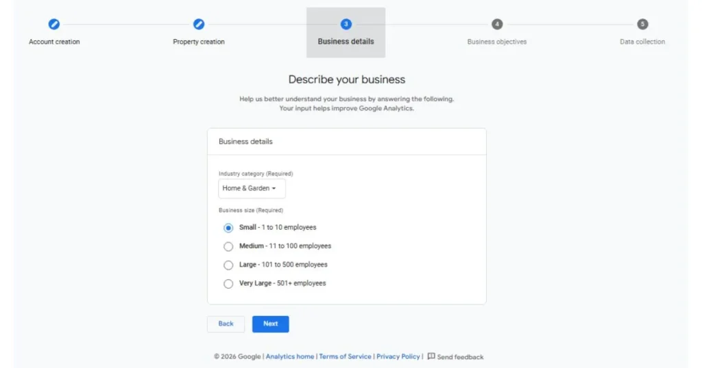 Configuring business details in Google Analytics GA4 setup for industry-specific tracking by HAMIMIT SEO agency.