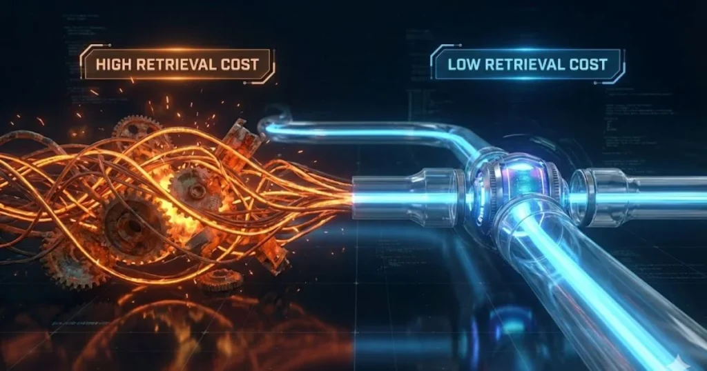 High retrieval cost vs low retrieval cost comparison in semantic SEO by HAMIMIT agency.