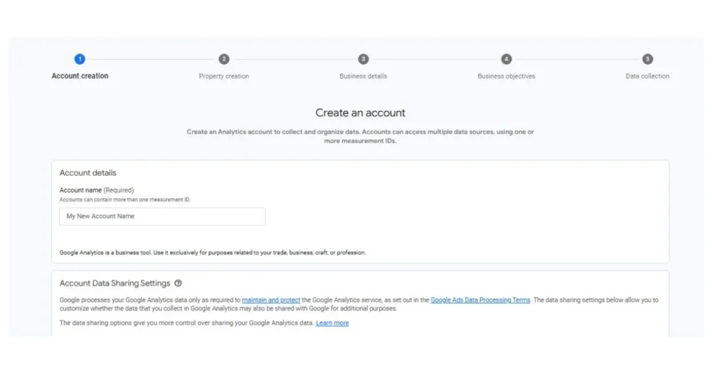 Google Analytics GA4 account creation step with account details and data sharing settings by HAMIMIT SEO agency.