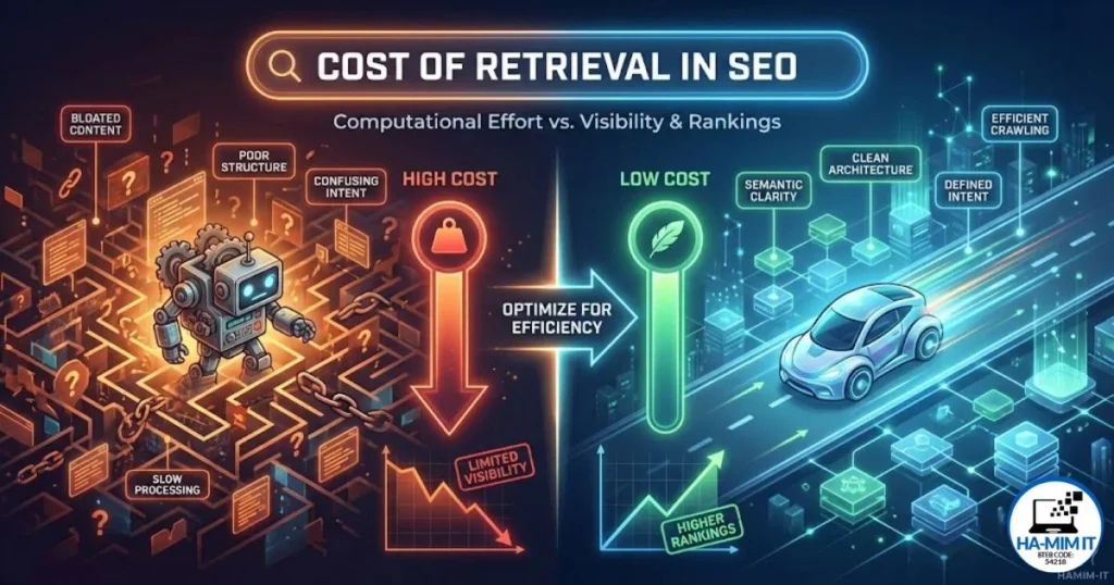 Cost of Retrieval in SEO infographic comparing computational effort vs rankings by HAMIMIT agency.