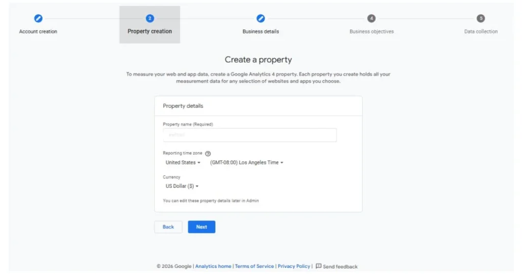Creating a Google Analytics 4 property for website data tracking and reporting by HAMIMIT SEO agency.