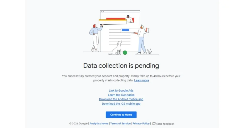 Google Analytics GA4 data collection pending screen after successful account creation by HAMIMIT.