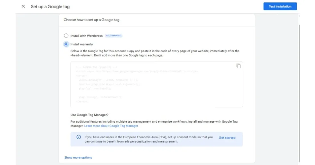 Manual Google tag installation for Google Analytics GA4 setup by HAMIMIT SEO agency.